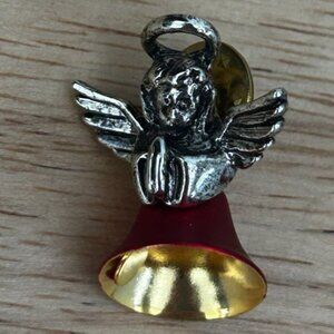 Vintage Angel Bell Pin Brooch With Red & Gold Accents - Christmas Jewelry Access